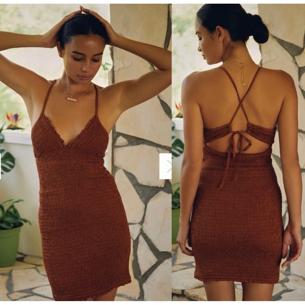 Anthropologie Ellen Mini Dress XS‎ Brown Smocked Bodycon Triangle Boho Beach